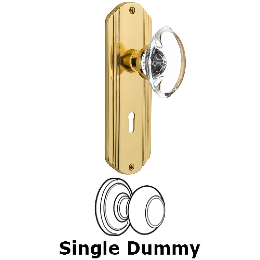Single Dummy Knob With Keyhole - Deco Plate with Oval Clear Crystal Knob in Unlacquered Brass