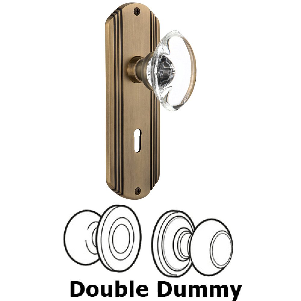 Double Dummy Set With Keyhole - Deco Plate with Oval Clear Crystal Knob in Antique Brass