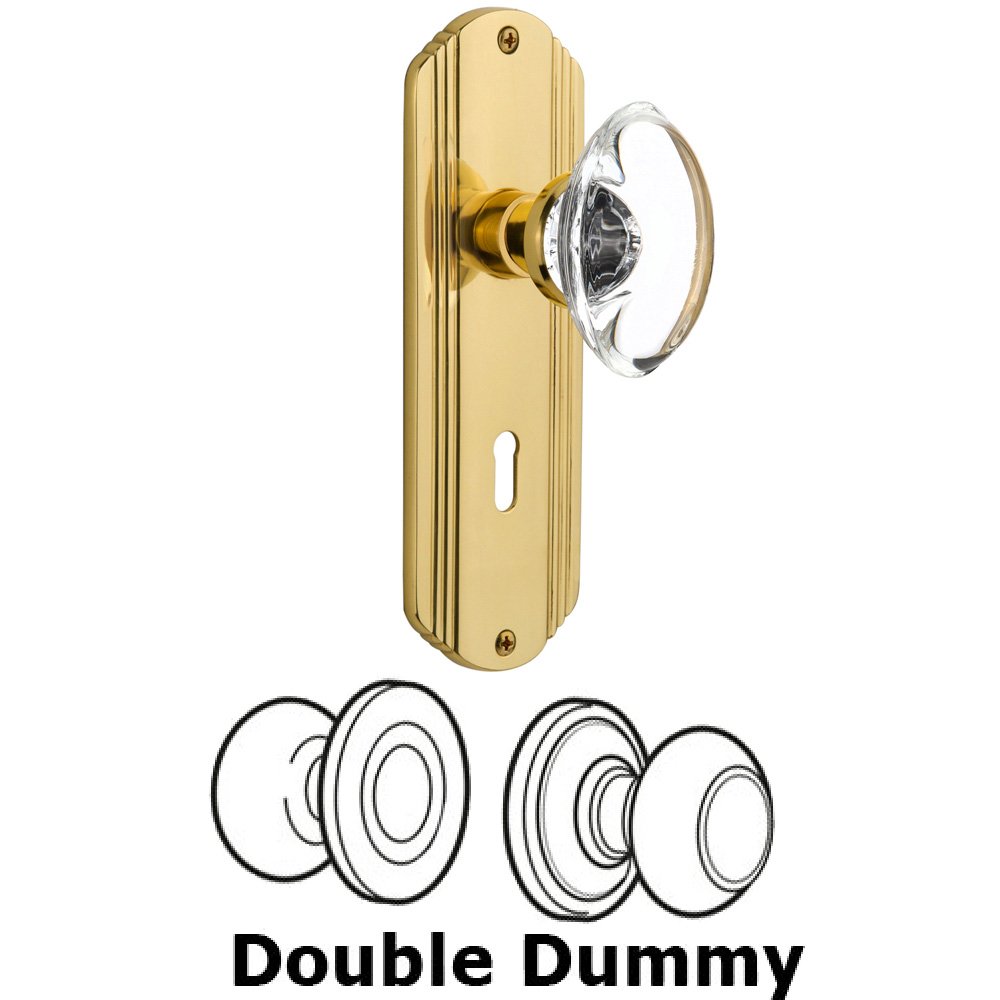 Double Dummy Set With Keyhole - Deco Plate with Oval Clear Crystal Knob in Unlacquered Brass