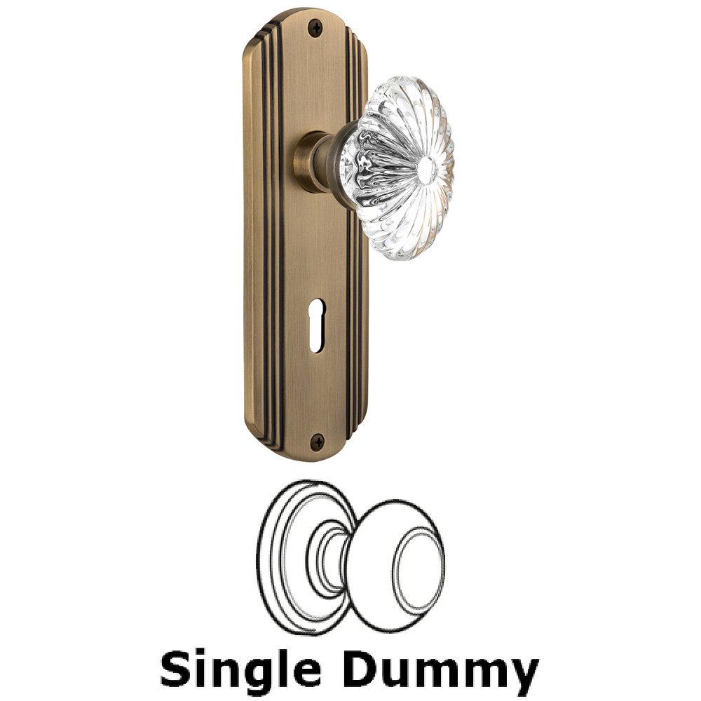 Single Dummy Knob With Keyhole - Deco Plate with Oval Fluted Crystal Knob in Antique Brass