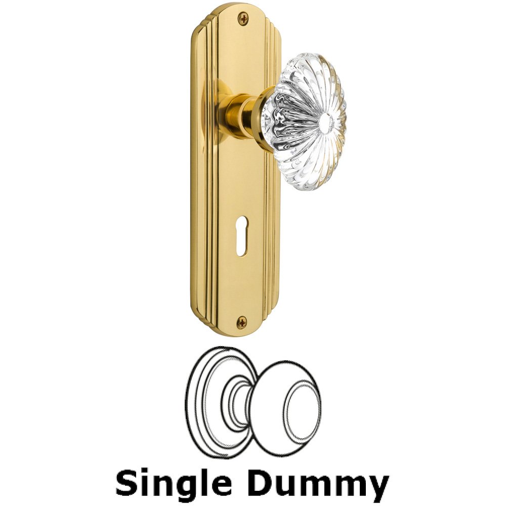 Single Dummy Knob With Keyhole - Deco Plate with Oval Fluted Crystal Knob in Unlacquered Brass