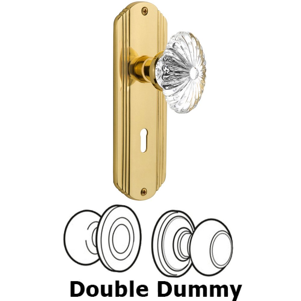 Double Dummy Set With Keyhole - Deco Plate with Oval Fluted Crystal Knob in Unlacquered Brass