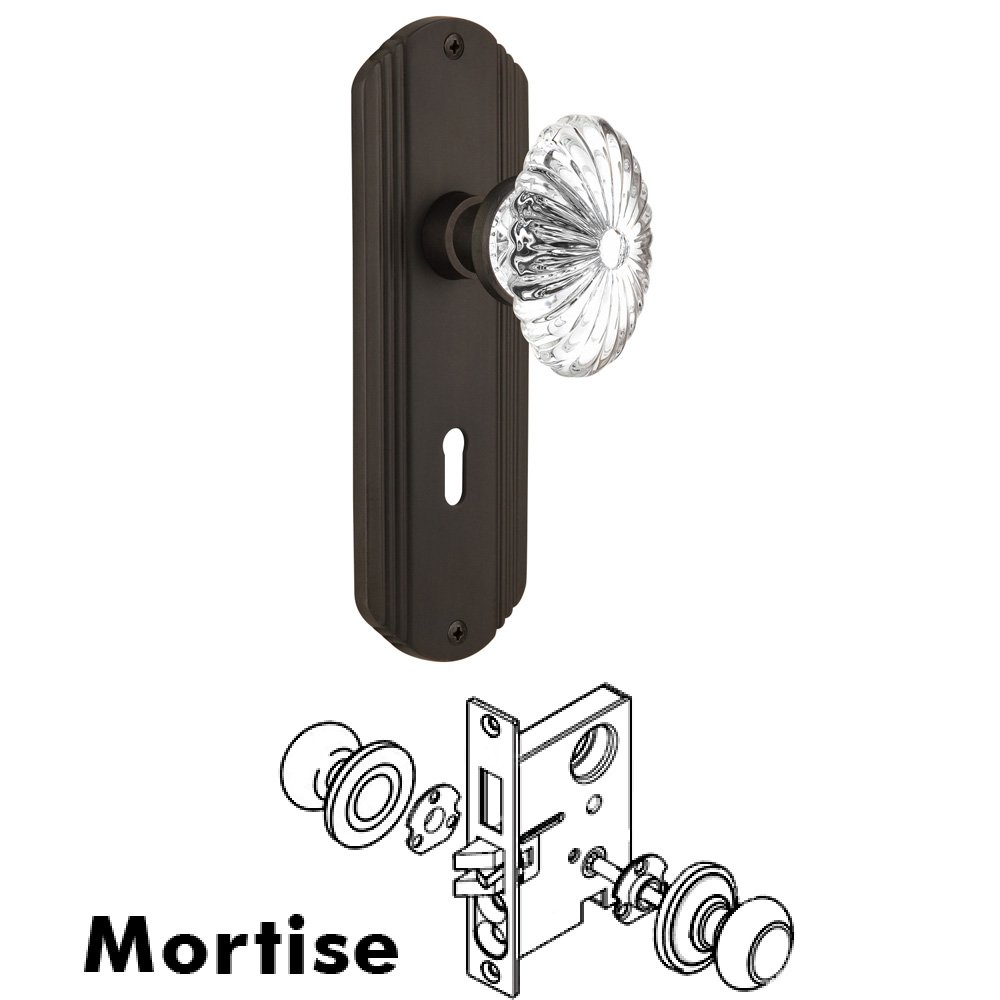 Complete Mortise Lockset - Deco Plate with Oval Fluted Crystal Knob in Oil Rubbed Bronze