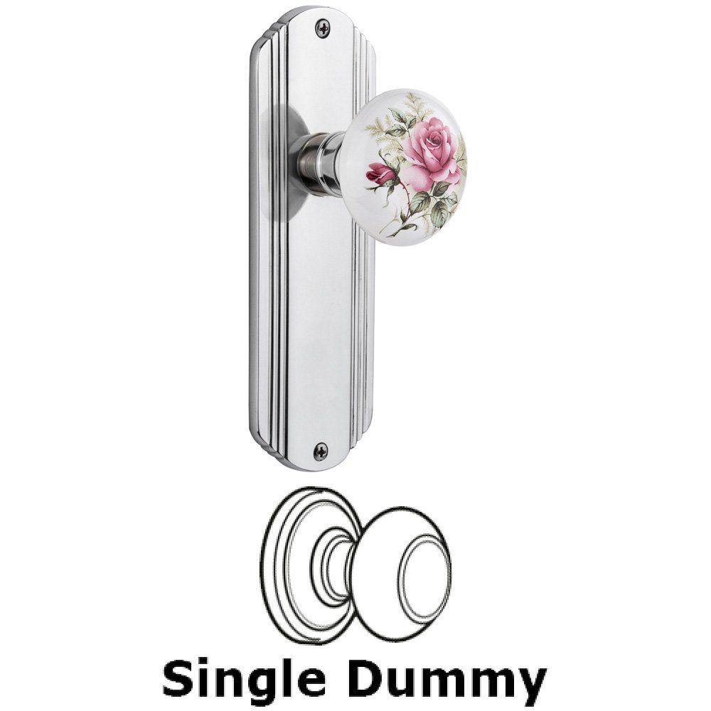 Single Dummy Knob Without Keyhole - Deco Plate with Rose Porcelain Knob in Bright Chrome