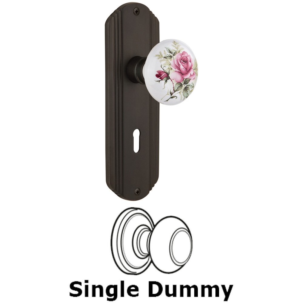 Single Dummy Knob With Keyhole - Deco Plate with Rose Porcelain Knob in Oil Rubbed Bronze