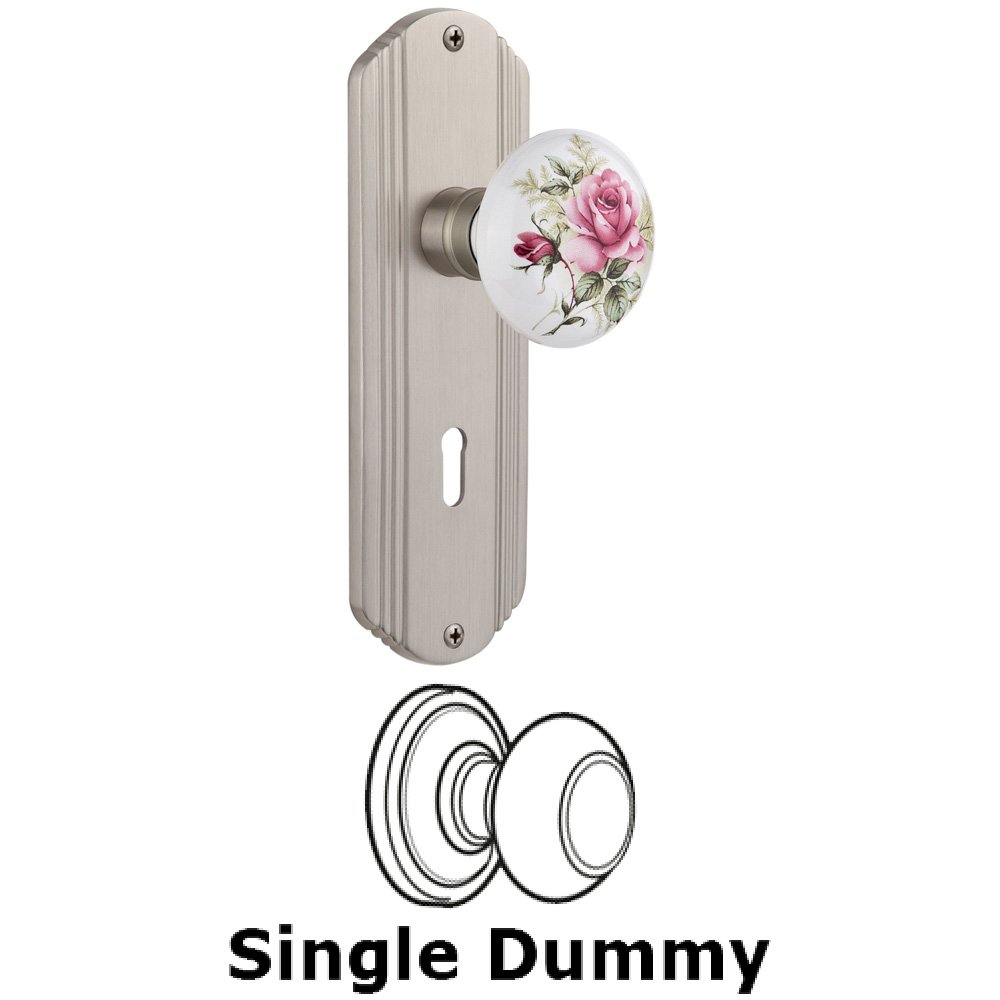 Single Dummy Knob With Keyhole - Deco Plate with Rose Porcelain Knob in Satin Nickel