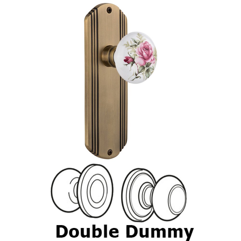 Double Dummy Set Without Keyhole - Deco Plate with Rose Porcelain Knob in Antique Brass