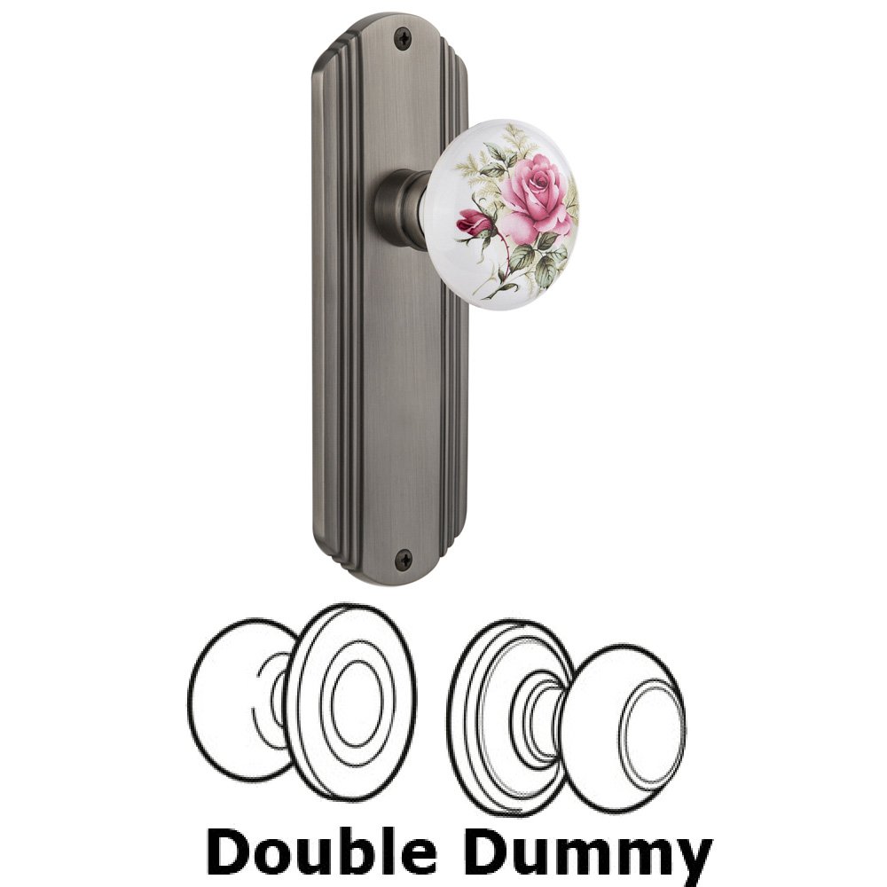 Double Dummy Set Without Keyhole - Deco Plate with Rose Porcelain Knob in Antique Pewter
