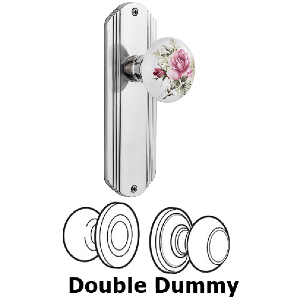 Double Dummy Set Without Keyhole - Deco Plate with Rose Porcelain Knob in Bright Chrome