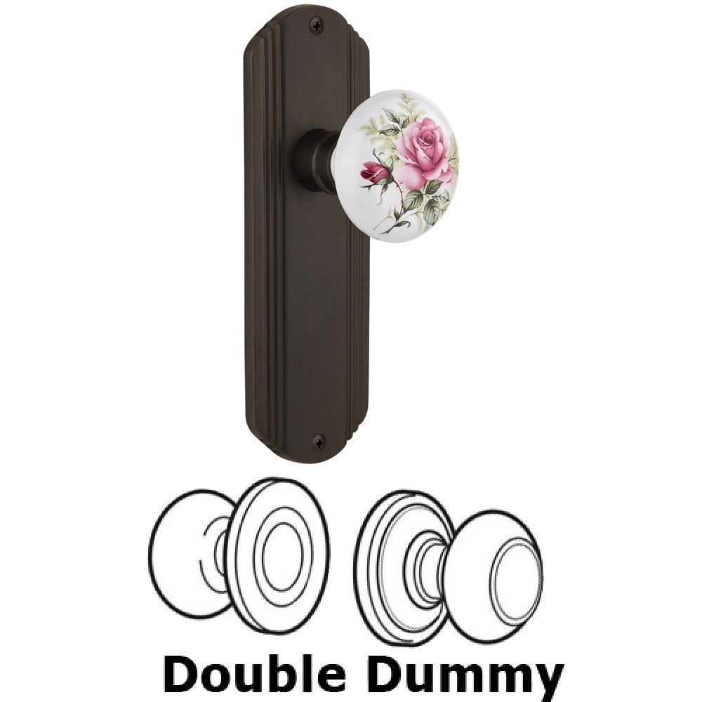 Double Dummy Set Without Keyhole - Deco Plate with Rose Porcelain Knob in Oil Rubbed Bronze