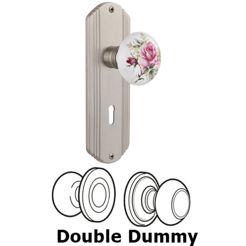 Double Dummy Set With Keyhole - Deco Plate with Rose Porcelain Knob in Satin Nickel