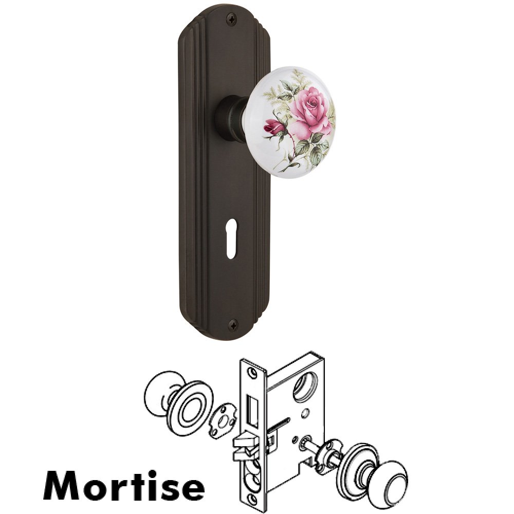 Complete Mortise Lockset - Deco Plate with Rose Porcelain Knob in Oil Rubbed Bronze