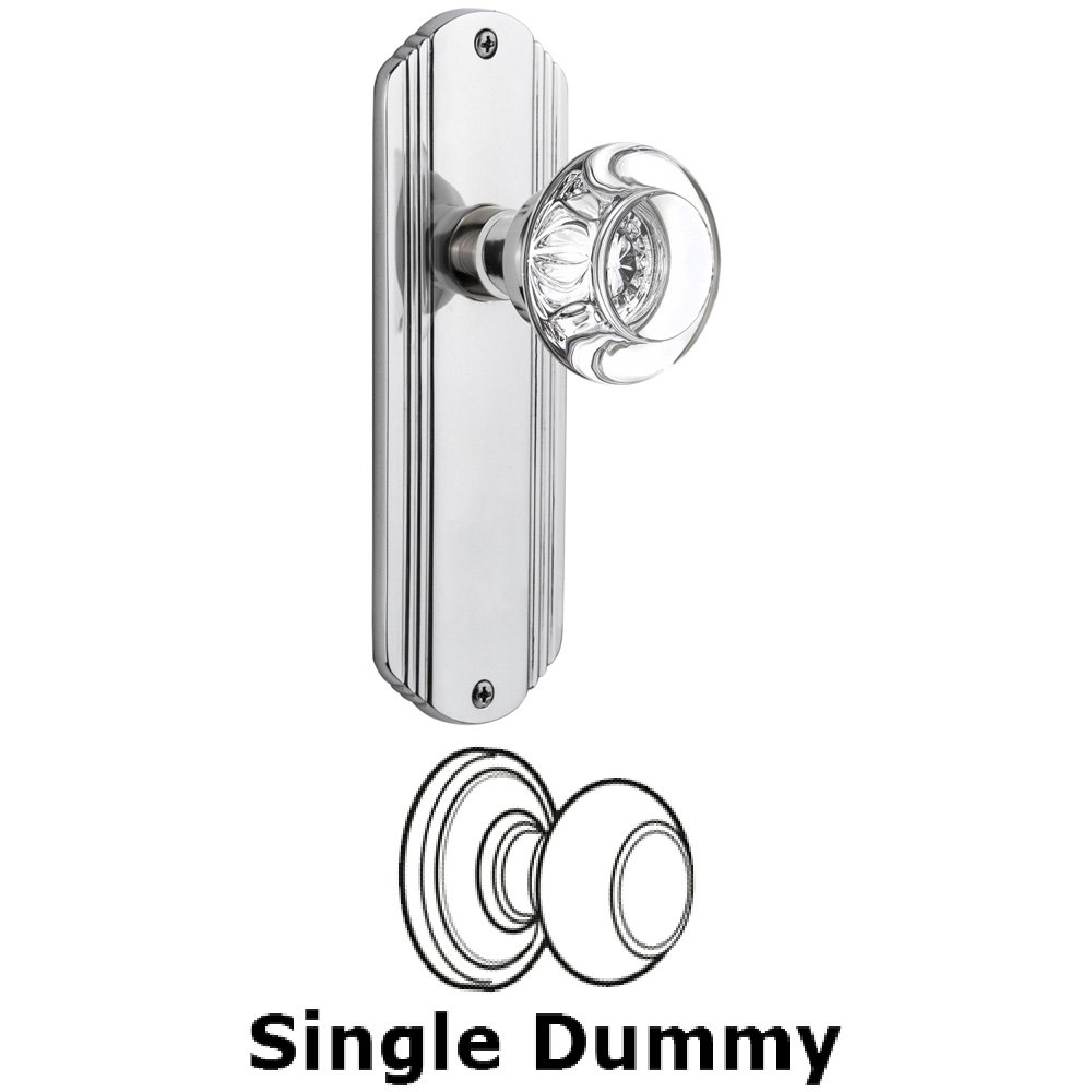 Single Dummy Knob Without Keyhole - Deco Plate with Round Clear Crystal Knob in Bright Chrome
