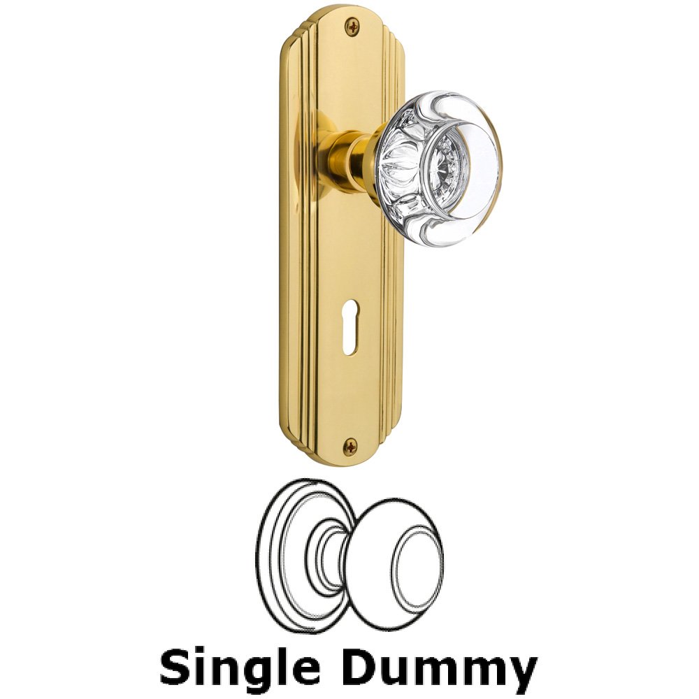 Single Dummy Knob With Keyhole - Deco Plate with Round Clear Crystal Knob in Unlacquered Brass
