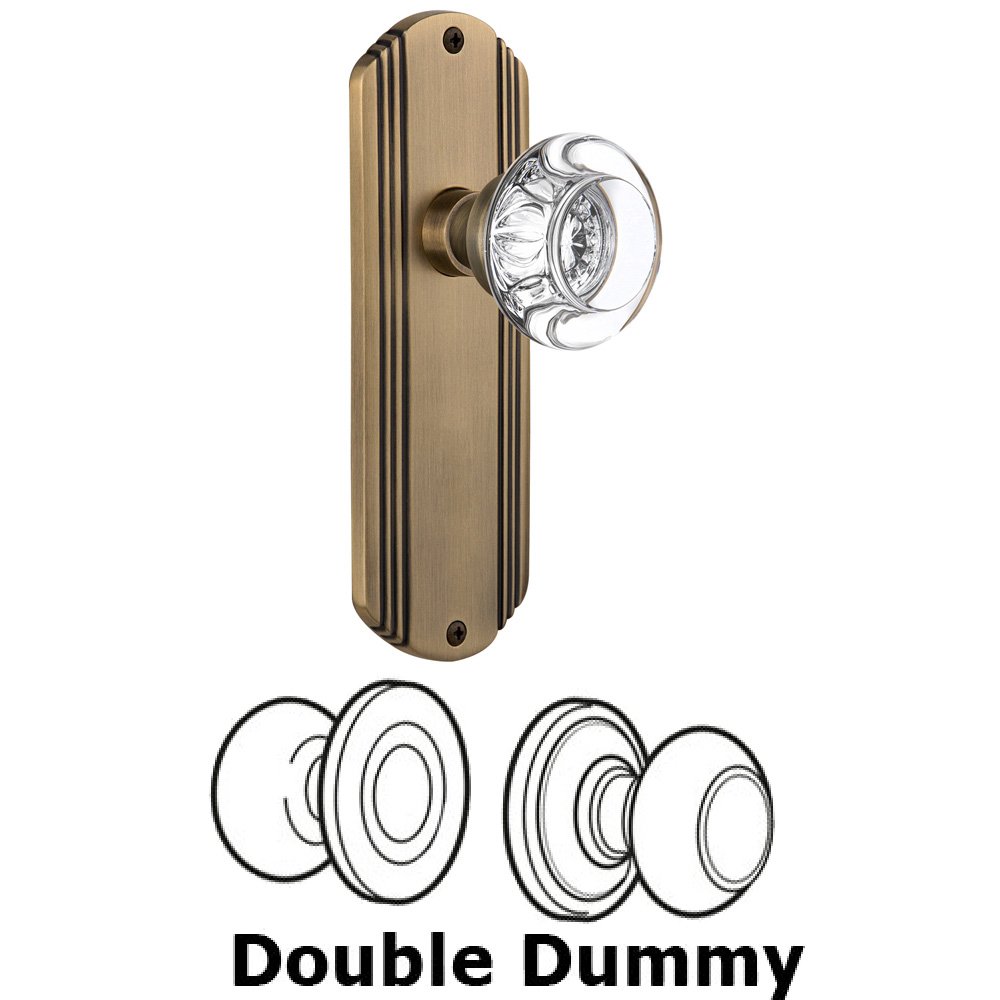 Double Dummy Set Without Keyhole - Deco Plate with Round Clear Crystal Knob in Antique Brass