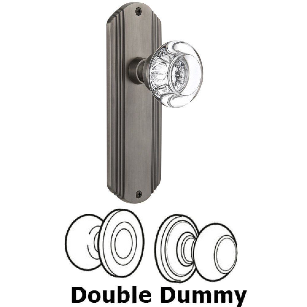 Double Dummy Set Without Keyhole - Deco Plate with Round Clear Crystal Knob in Antique Pewter