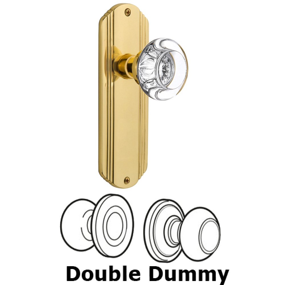 Double Dummy Set Without Keyhole - Deco Plate with Round Clear Crystal Knob in Polished Brass
