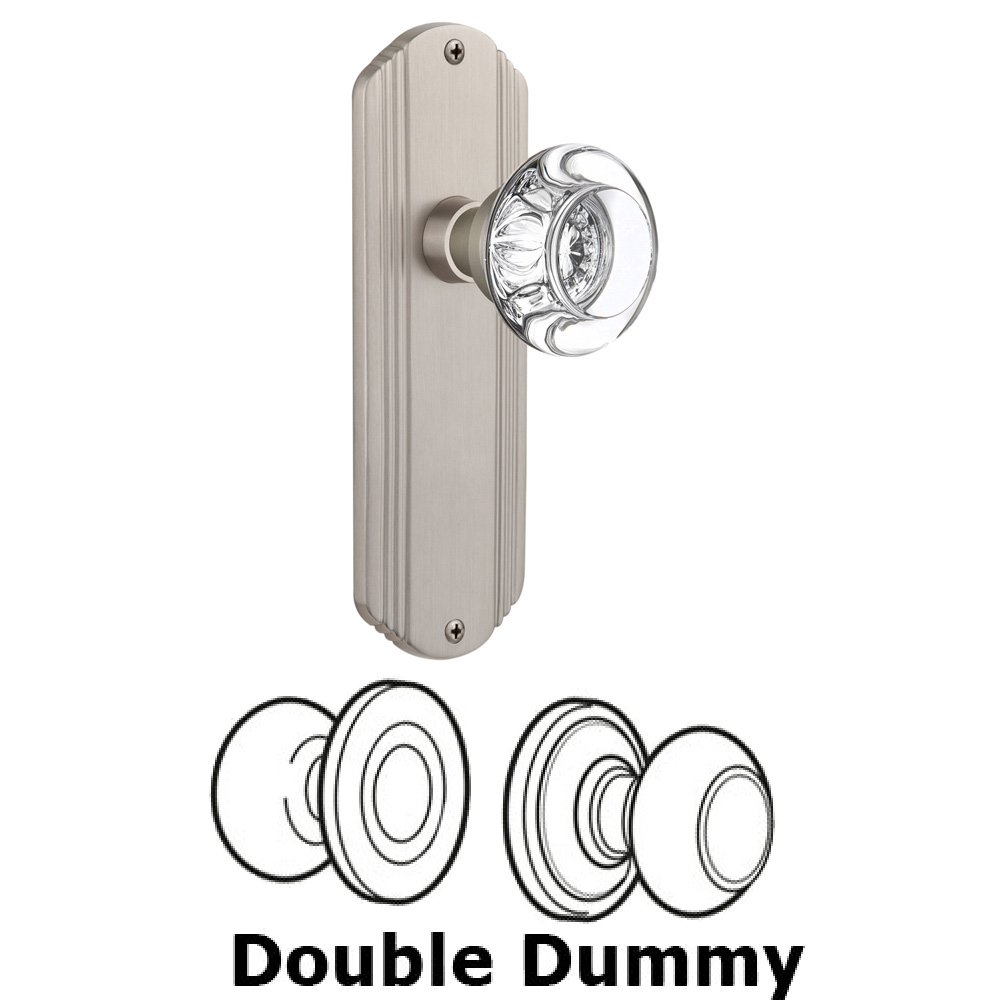 Double Dummy Set Without Keyhole - Deco Plate with Round Clear Crystal Knob in Satin Nickel