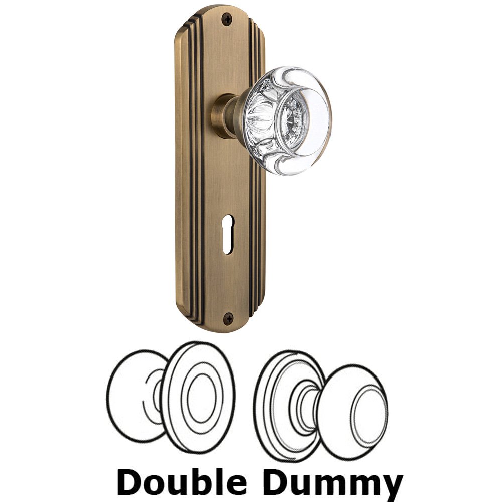Double Dummy Set With Keyhole - Deco Plate with Round Clear Crystal Knob in Antique Brass