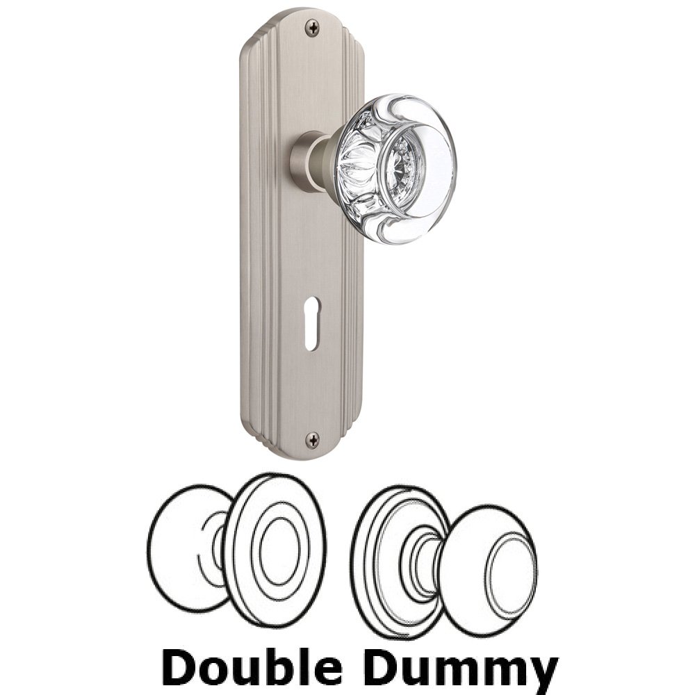 Double Dummy Set With Keyhole - Deco Plate with Round Clear Crystal Knob in Satin Nickel