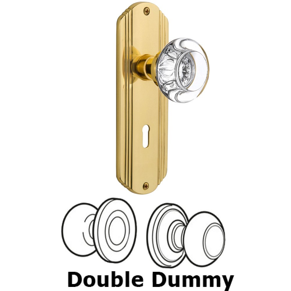 Double Dummy Set With Keyhole - Deco Plate with Round Clear Crystal Knob in Unlacquered Brass