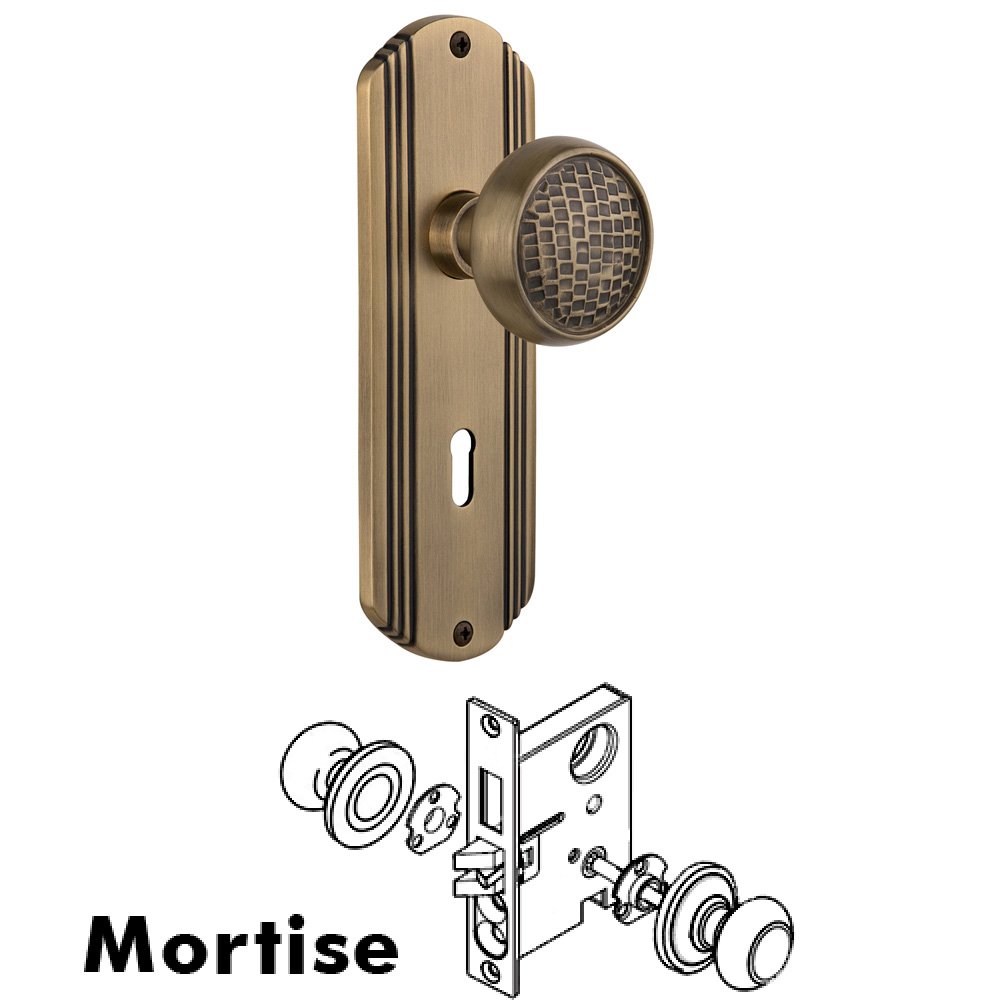 Complete Mortise Lockset - Deco Plate with Craftsman Knob in Antique Brass