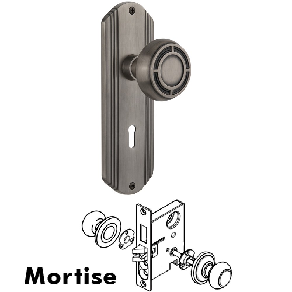Complete Mortise Lockset - Deco Plate with Mission Knob in Antique Pewter