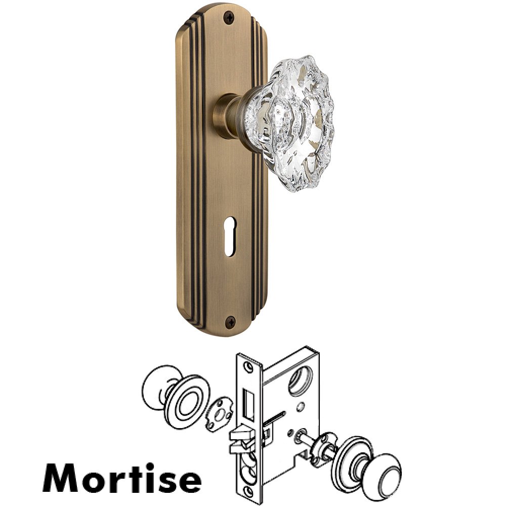 Complete Mortise Lockset - Deco Plate with Chateau Knob in Antique Brass