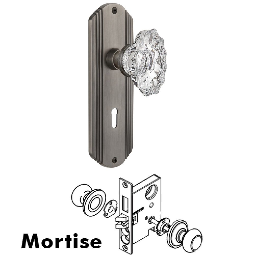 Complete Mortise Lockset - Deco Plate with Chateau Knob in Antique Pewter
