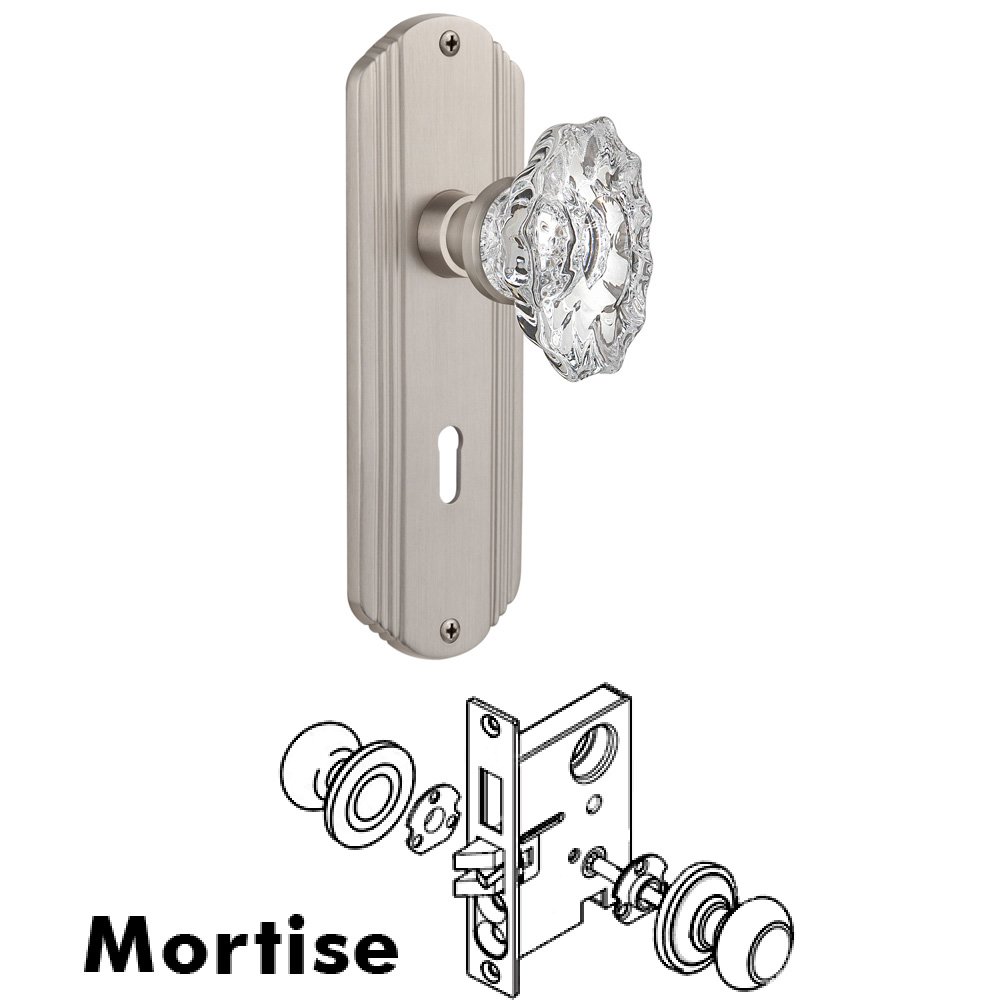 Complete Mortise Lockset - Deco Plate with Chateau Knob in Satin Nickel