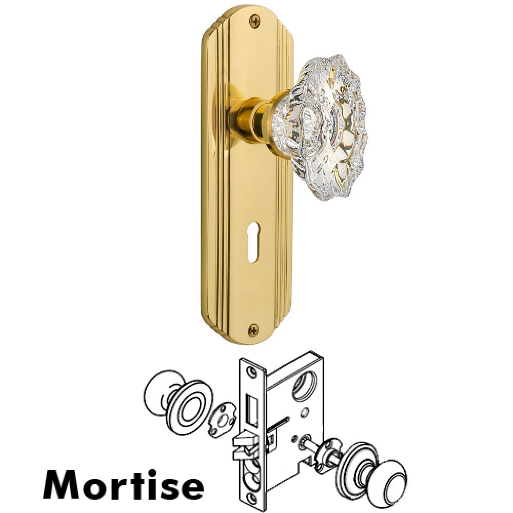 Complete Mortise Lockset - Deco Plate with Chateau Knob in Unlacquered Brass