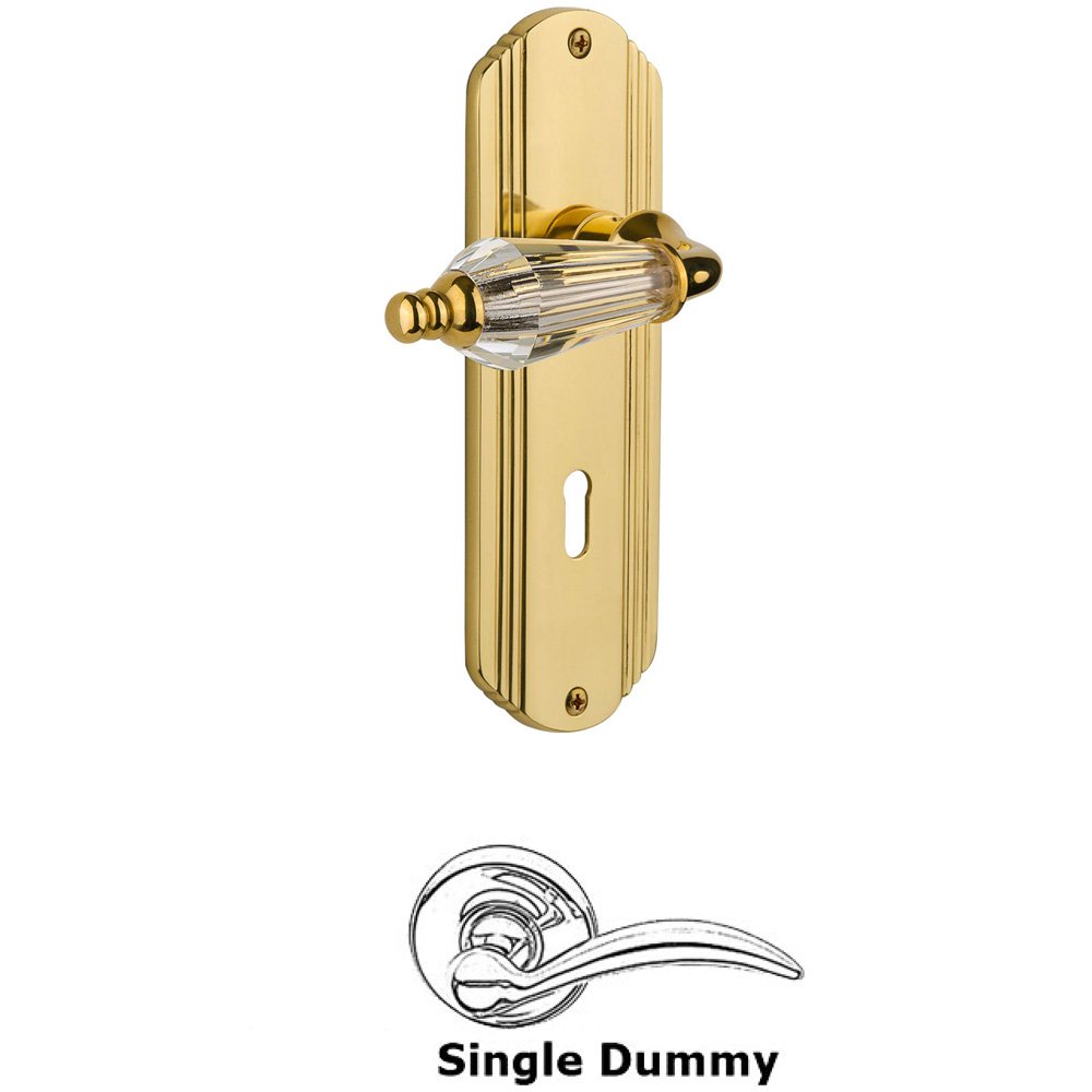 Single Dummy Knob With Keyhole - Deco Plate with Parlour Lever in Unlacquered Brass