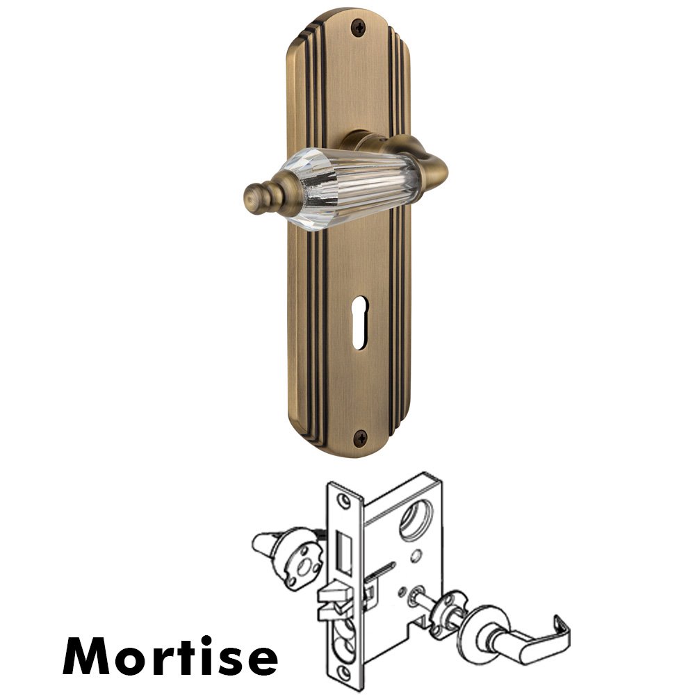 Complete Mortise Lockset - Deco Plate with Parlour Lever in Antique Brass