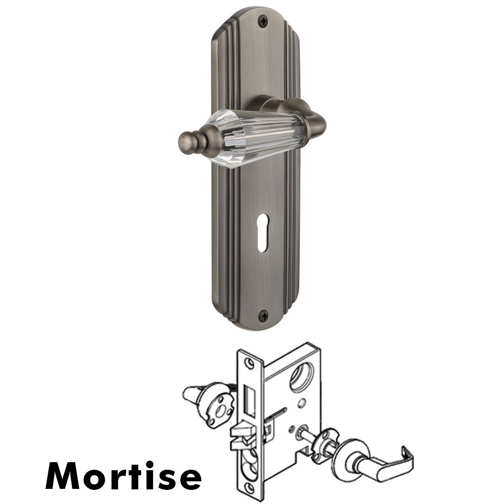 Complete Mortise Lockset - Deco Plate with Parlour Lever in Antique Pewter