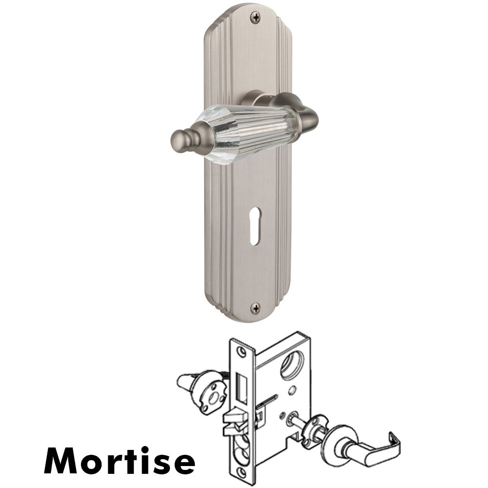 Complete Mortise Lockset - Deco Plate with Parlour Lever in Satin Nickel