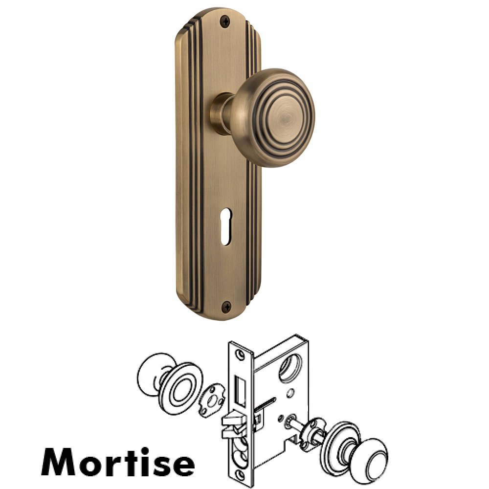 Complete Mortise Lockset - Deco Plate with Deco Knob in Antique Brass