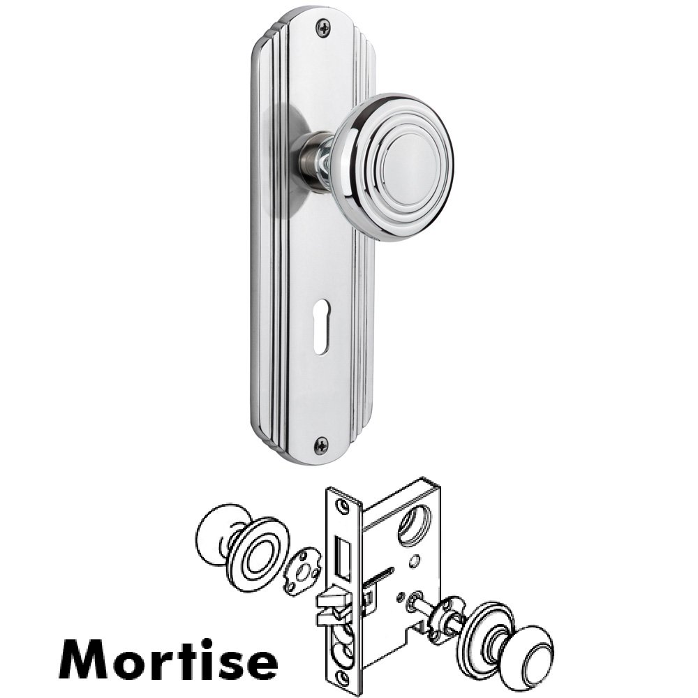 Complete Mortise Lockset - Deco Plate with Deco Knob in Bright Chrome