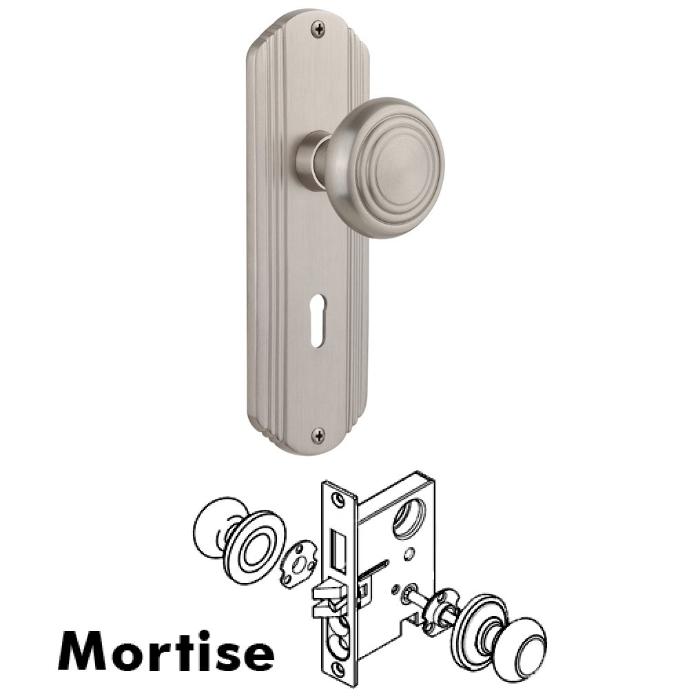 Complete Mortise Lockset - Deco Plate with Deco Knob in Satin Nickel