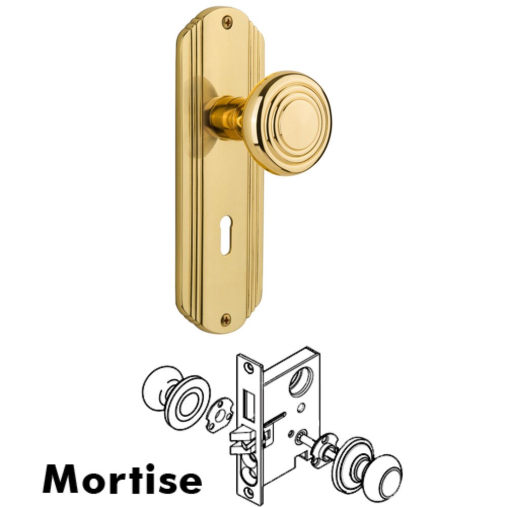 Complete Mortise Lockset - Deco Plate with Deco Knob in Unlacquered Brass