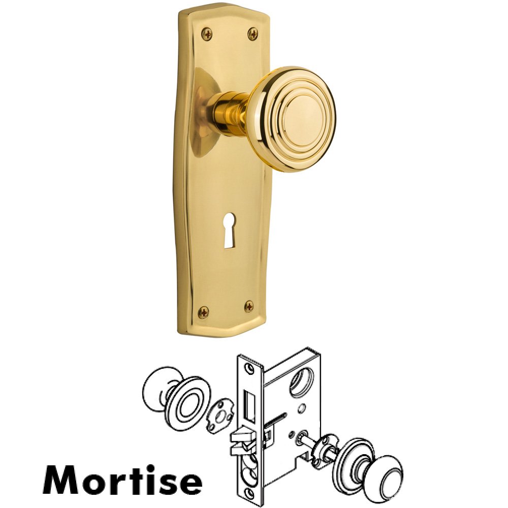 Complete Mortise Lockset - Prairie Plate with Deco Knob in Unlacquered Brass