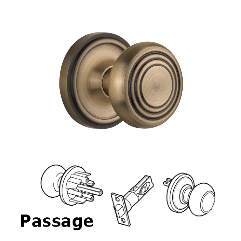 Complete Passage Set Without Keyhole - Classic Rosette with Deco Knob in Antique Brass
