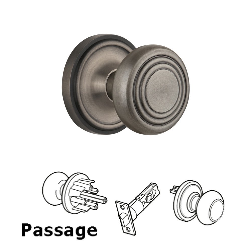 Complete Passage Set Without Keyhole - Classic Rosette with Deco Knob in Antique Pewter