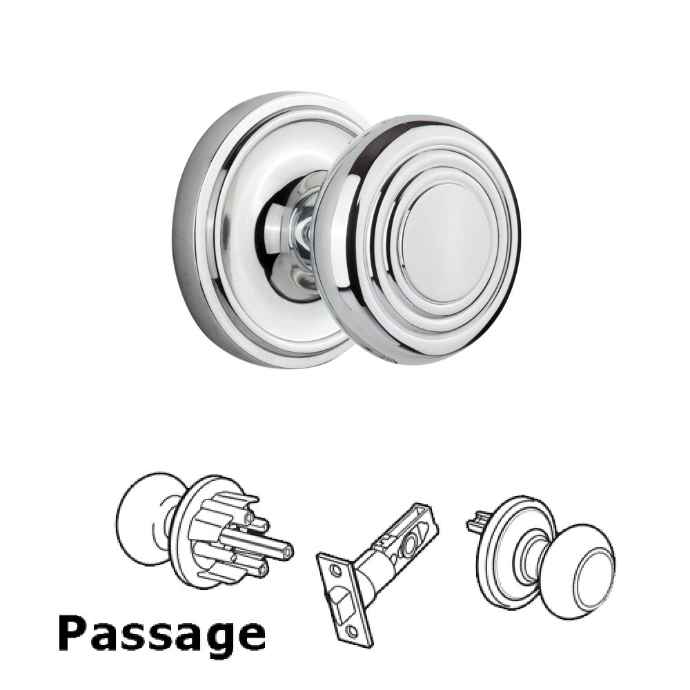 Complete Passage Set Without Keyhole - Classic Rosette with Deco Knob in Bright Chrome
