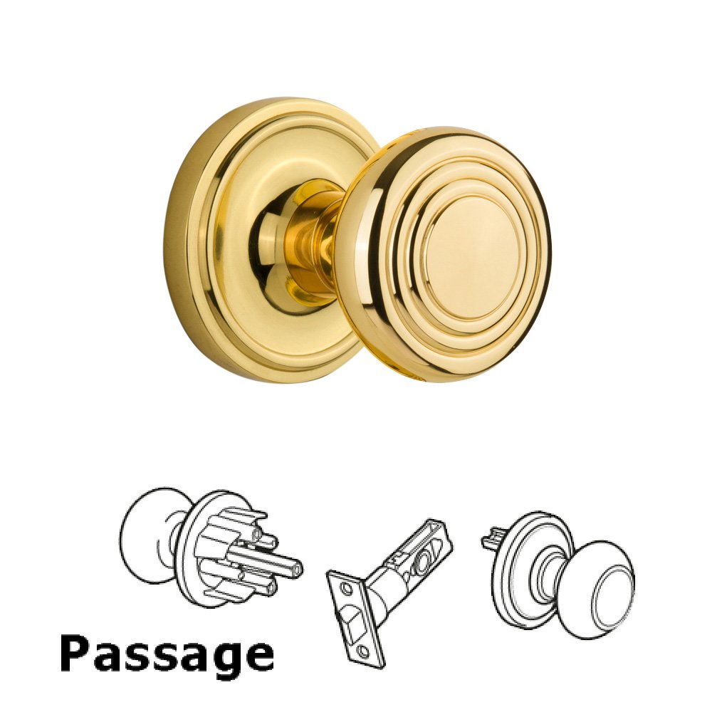 Complete Passage Set Without Keyhole - Classic Rosette with Deco Knob in Polished Brass