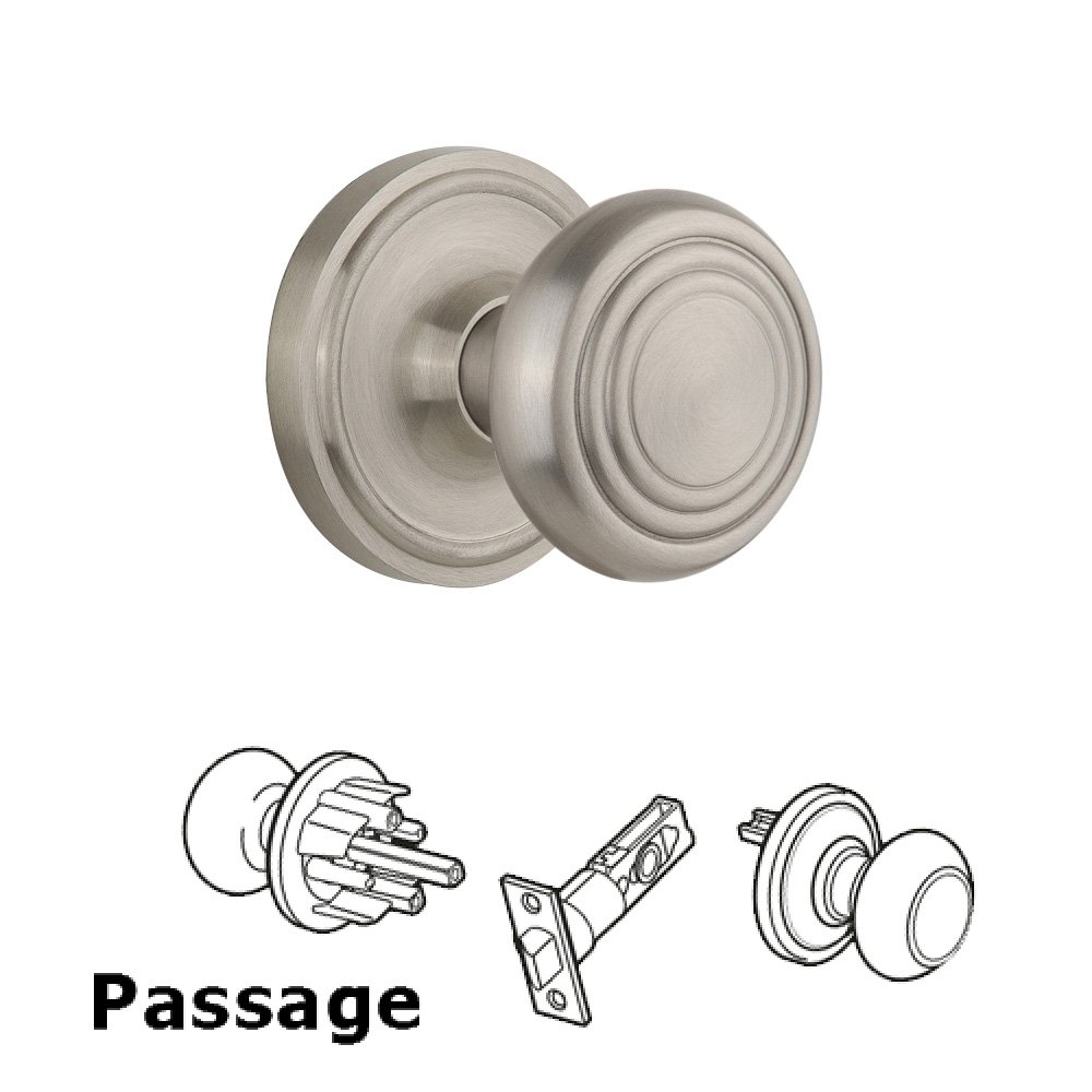 Complete Passage Set Without Keyhole - Classic Rosette with Deco Knob in Satin Nickel