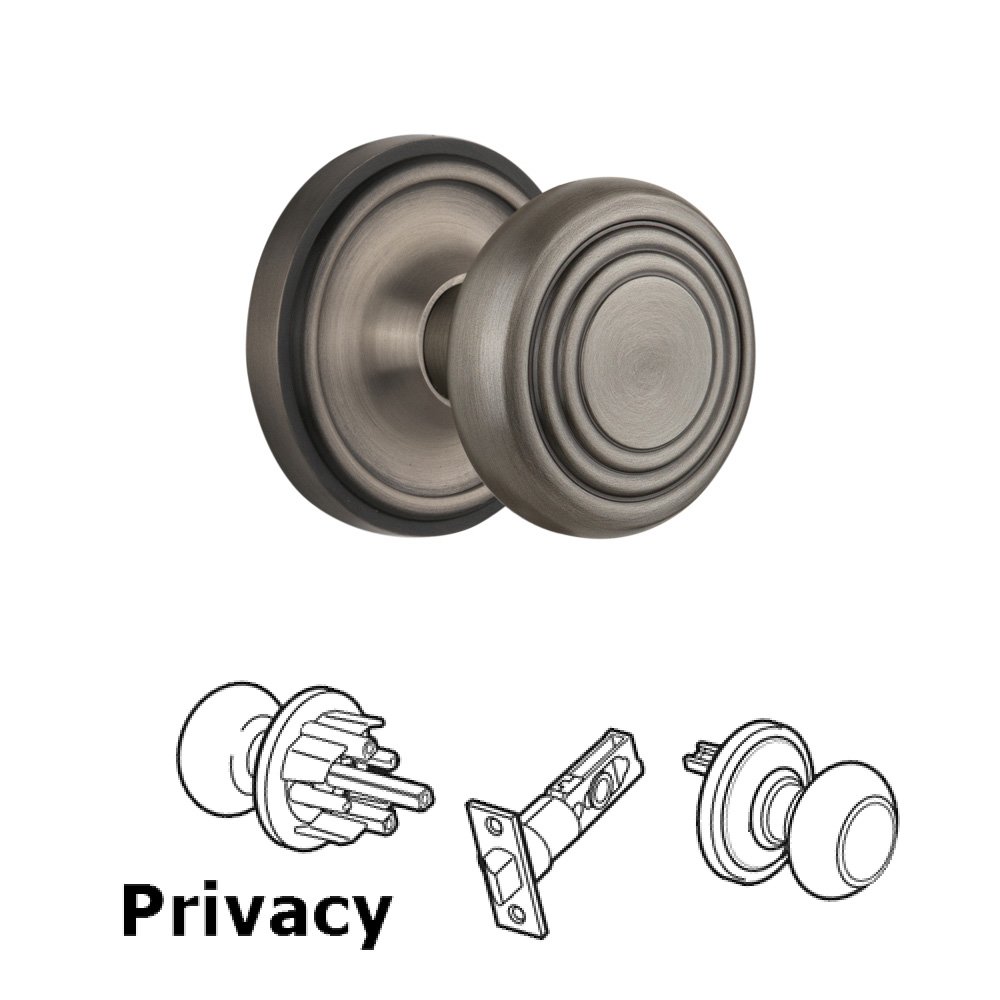 Complete Privacy Set Without Keyhole - Classic Rosette with Deco Knob in Antique Pewter