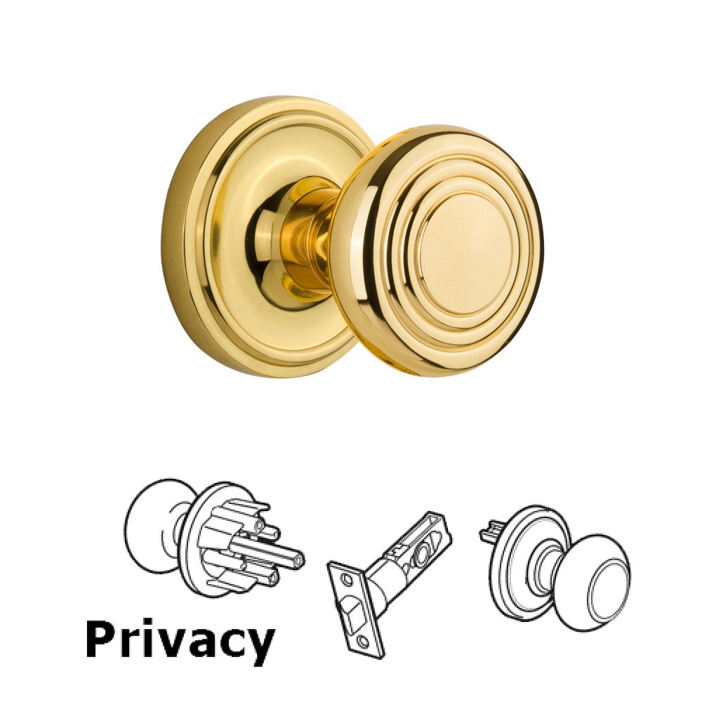 Complete Privacy Set Without Keyhole - Classic Rosette with Deco Knob in Polished Brass