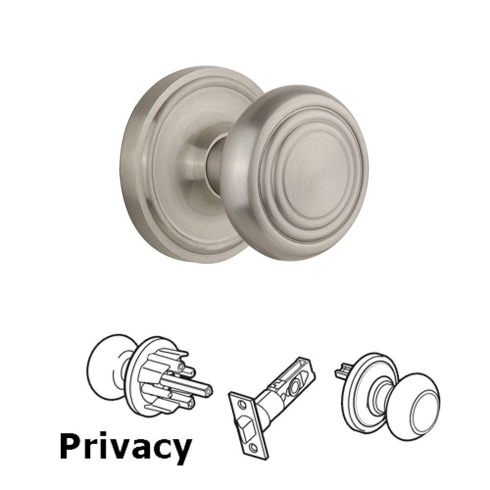 Complete Privacy Set Without Keyhole - Classic Rosette with Deco Knob in Satin Nickel