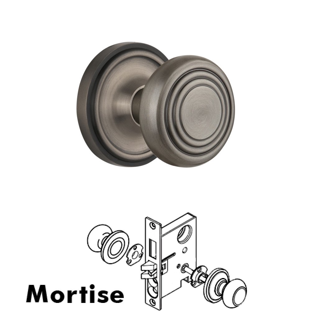 Complete Mortise Lockset - Classic Rosette with Deco Knob in Antique Pewter