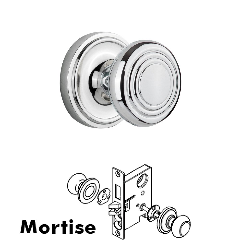 Complete Mortise Lockset - Classic Rosette with Deco Knob in Bright Chrome